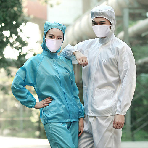 食品廠防靜電連帽工服定做白色和藍(lán)色款式圖